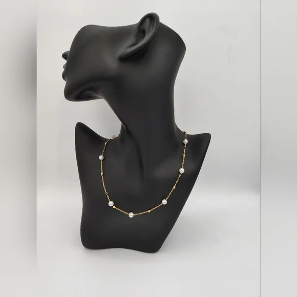 Dainty Goldtone Pearl And Gold Bead Station Necklace With Extender NWOT - Picture 1 of 3
